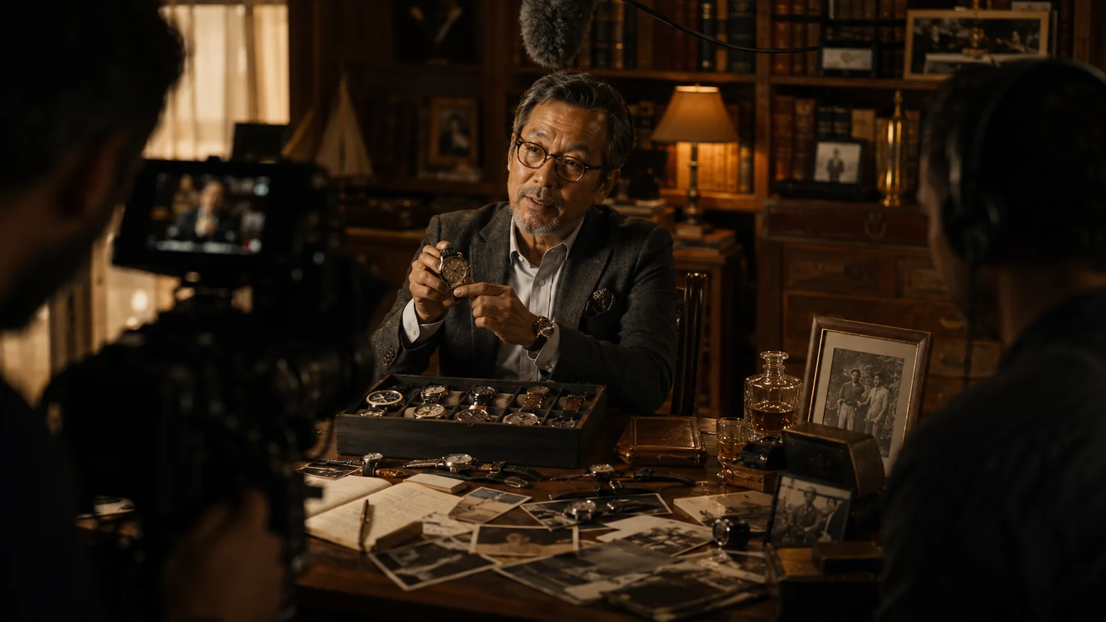 A collector discussing watches and personal archive during a documentary interview.